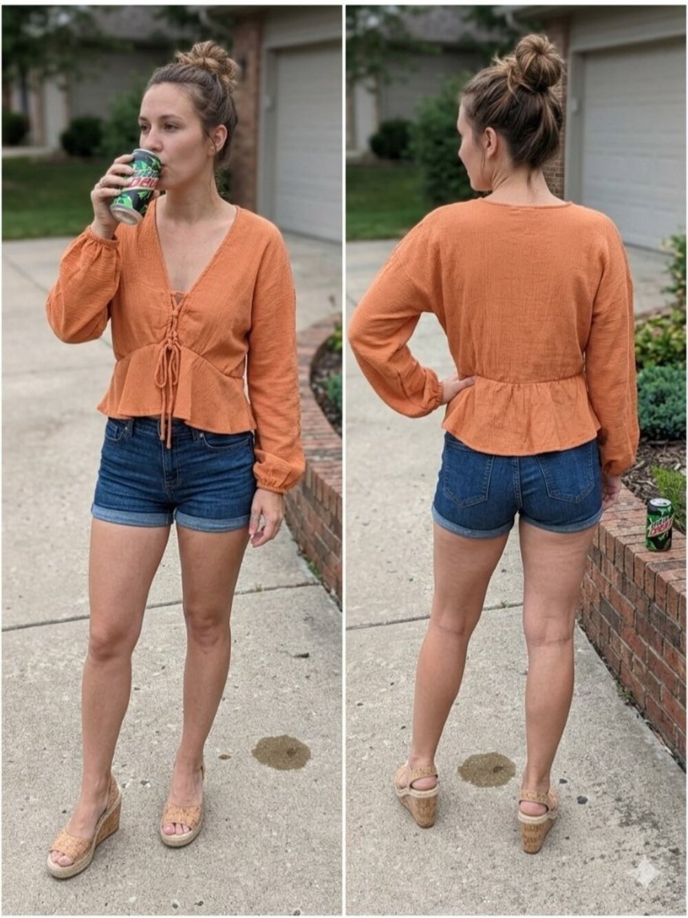 ASOS DESIGN Lace Up Front Peplum Top Rust Orange Cotton Linen Gauze US 6 Boho